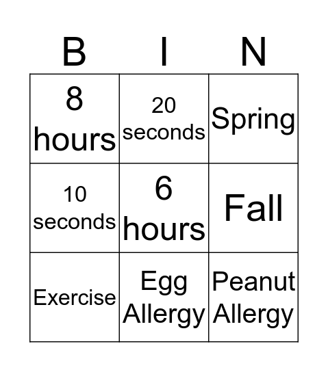 Preventive Health Bingo Card