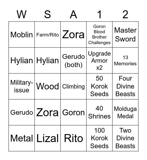 Breath of the Wild Challenge Randomizer Bingo Card