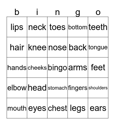 body parts Bingo Card
