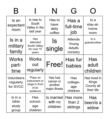 Get to Know SVCC Women Bingo Card