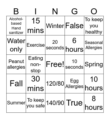 Preventive Health Bingo Card