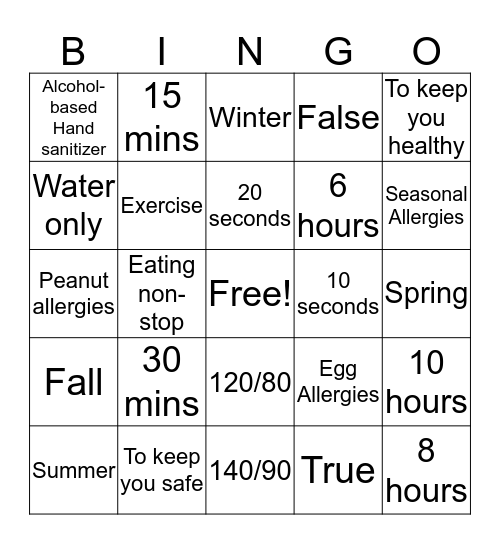 Preventive Health Bingo Card