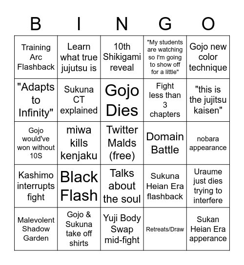 Gojo vs. Sukuna Bingo Card