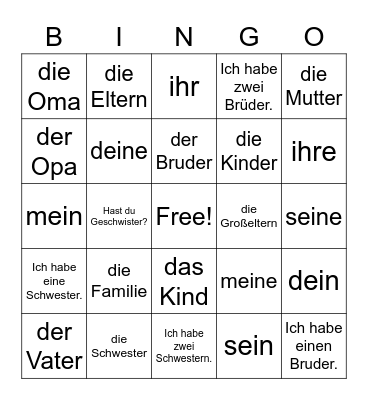 Family Members Bingo Card