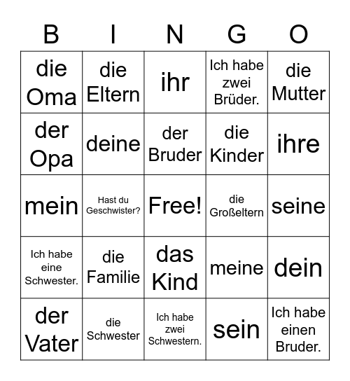 Family Members Bingo Card