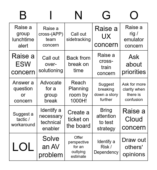 Increment Planning Bingo Card