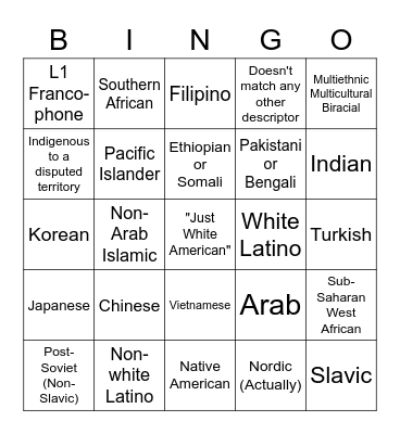 Ethnic Group Bingo Card