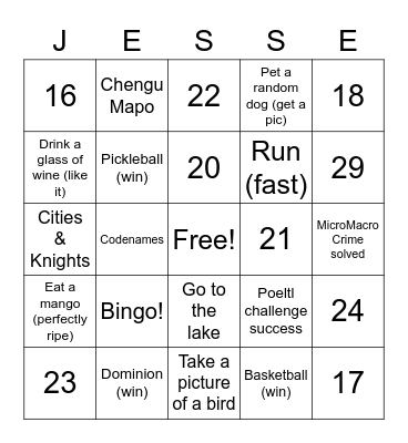 Jesse turns 30! Bingo Card