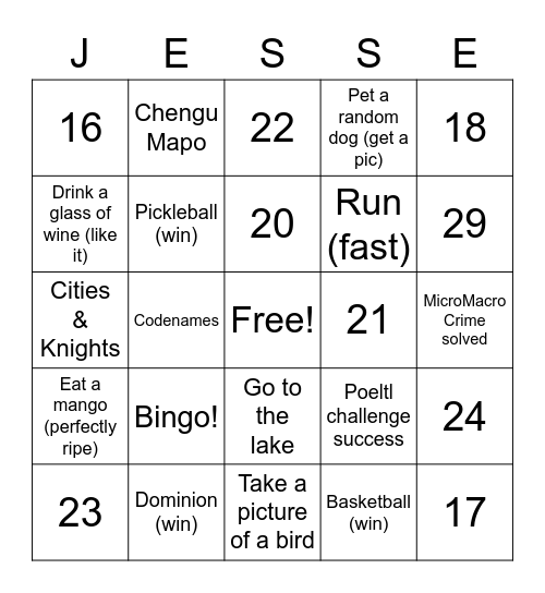 Jesse turns 30! Bingo Card
