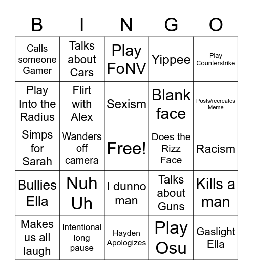 Hayden Bingo Card