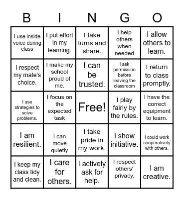 Class behaviour Bingo Card