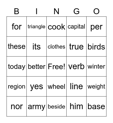 Sight Word Variety 5 Bingo Card