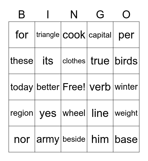 Sight Word Variety 5 Bingo Card