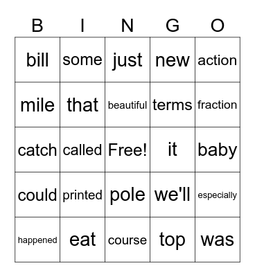 Sight Word Variety 7 Bingo Card