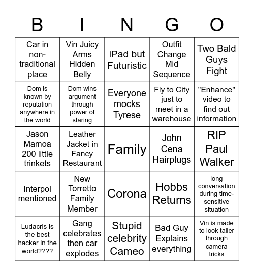 Fast X Bingo Card