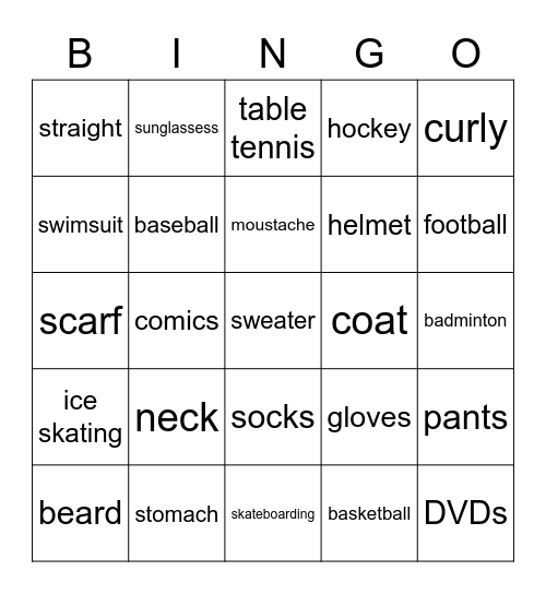 Body_Clothes_Sports and Leisure Bingo Card