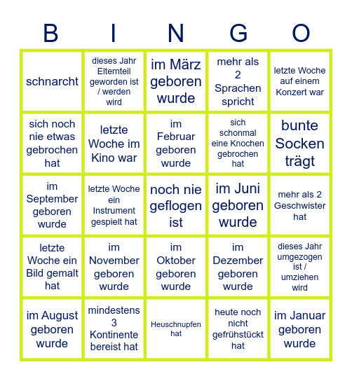 Finde jemanden der ... Bingo Card