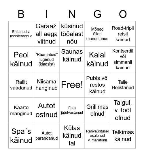 Mida oled koos Intsuga teinud Bingo Card