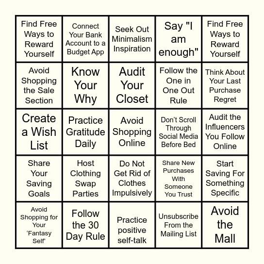 How to Curb One's Shopping Addiction Bingo Card