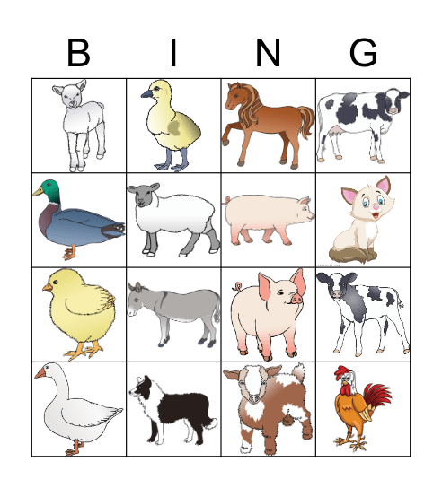 Farm animals Bingo Card