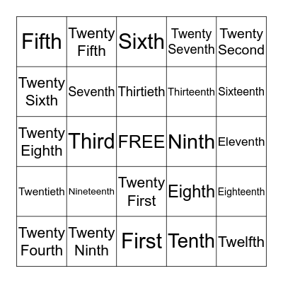 Ordinal Numbers Bingo Card