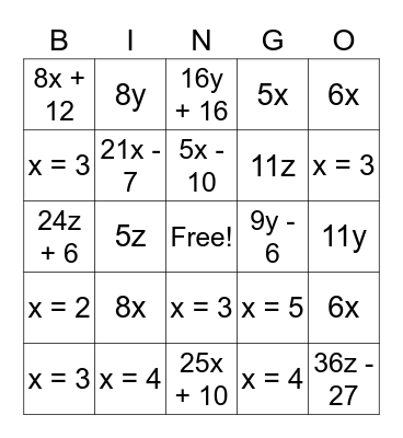 Pre Algebra Bingo Card