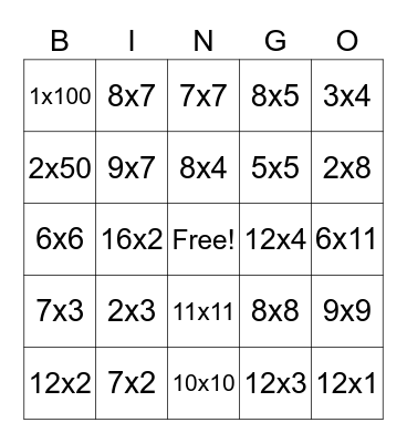 Multiplication Bingo Card