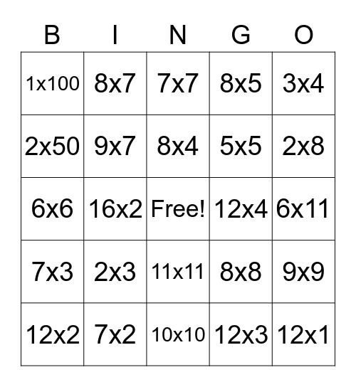 Multiplication Bingo Card