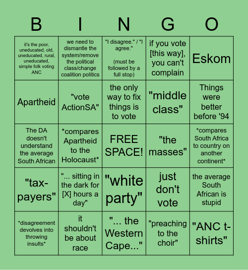 Reddit Political Bingo Card