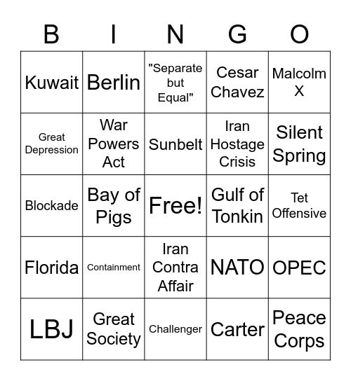 US History Bingo #2 Bingo Card