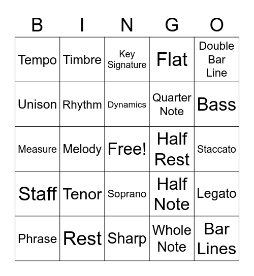Music Terms  5x5 Bingo Card