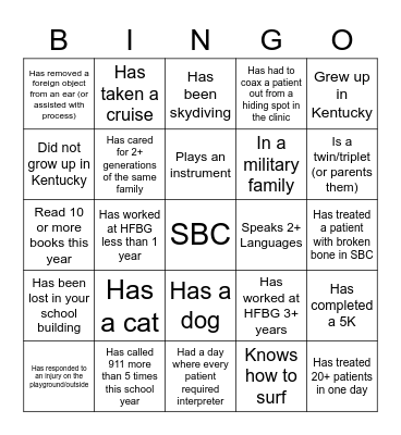 Clinic Staff Bingo Card