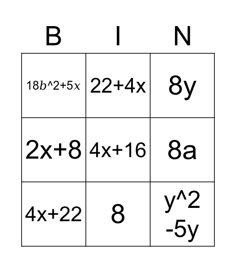 Algebra Bingo Card