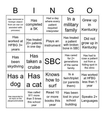 Clinic Staff Bingo Card