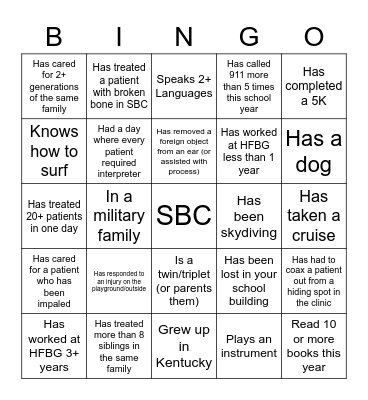 Clinic Staff Bingo Card
