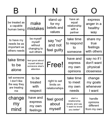 I Have the Right to... Bingo Card