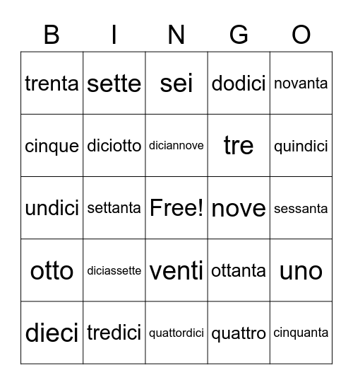 numeri! Bingo Card