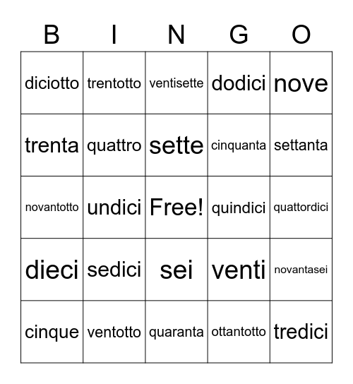 numeri! Bingo Card