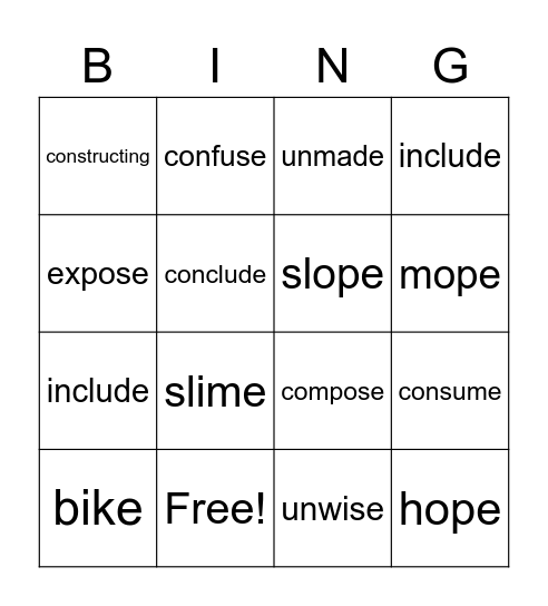 VCe Bingo Card