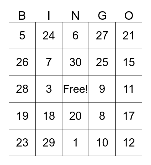 Number Bingo Card