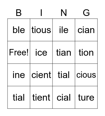 Latin/French Final Stable Syllables and Stable Endings Bingo Card