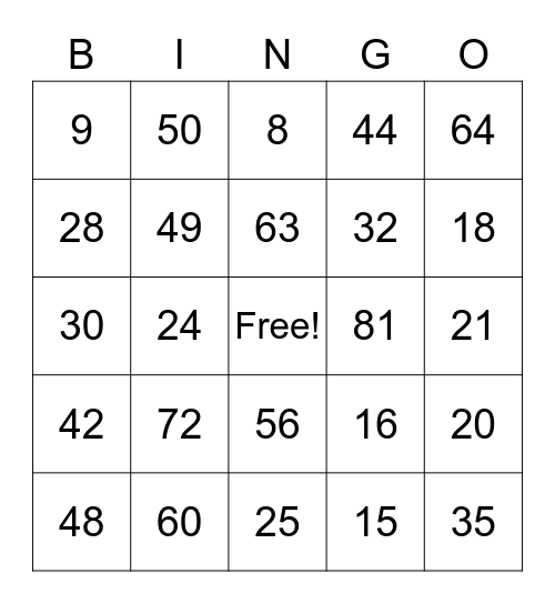 Multiplication Bingo Card