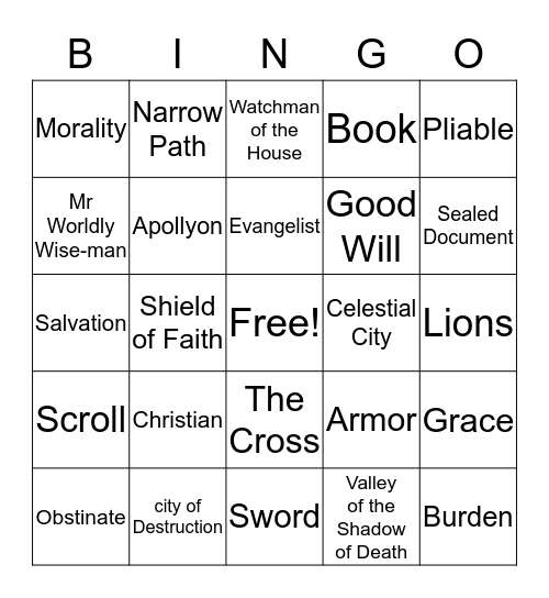 Pilgrim Progress Bingo Card