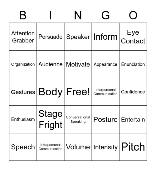 Speech Bingo Card