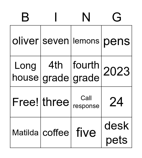 4th grade bingo Card