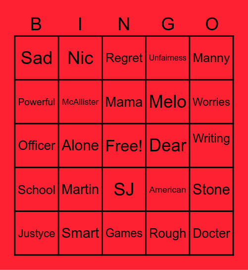 Dear Martin Bingo Card