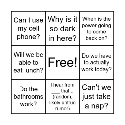 Power Outage Bingo! Bingo Card