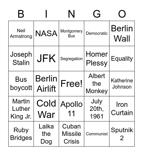 20th Century Bingo Card