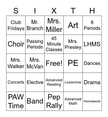 Sixth Grade Bingo! Bingo Card