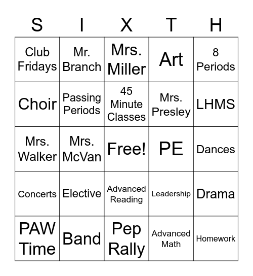 Sixth Grade Bingo! Bingo Card